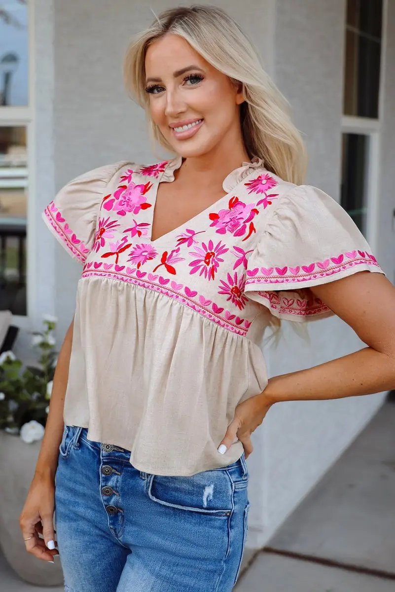 Beige Floral Embroidered Short Sleeve Notched V Neck Blouse - Love Salve